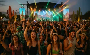 A crowd cheers at an outdoor concert with a desert-themed stage and large cactus decorations.