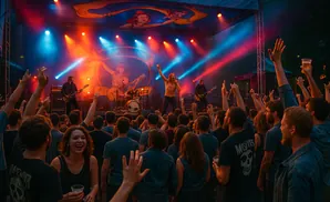 A band performs on a stage lit by red and blue lights to a cheering crowd with hands in the air.