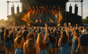 A crowd enjoys a concert, with many people raising their hands in excitement.