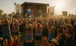 Festival-goers with hands raised watch a band perform on a stage at sunset.