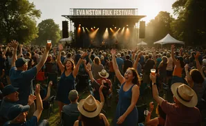 People cheering at the Evanston Folk Festival with hands in the air.