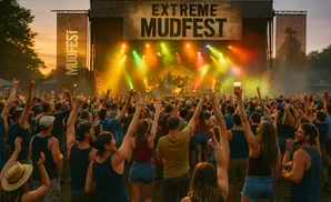 A crowd cheers at a music festival stage with 