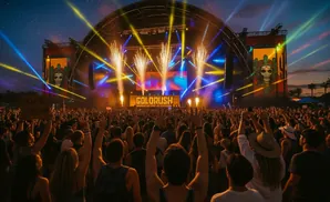 A crowded music festival at night, with fireworks, stage lights, and the 