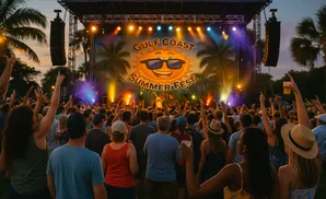 Crowd at Gulf Coast Summer Fest with hands raised, enjoying a concert at dusk.
