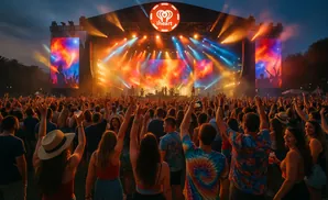 A crowd cheers with hands raised at an outdoor concert, illuminated by stage lights and large screens showing performers.