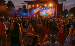 Crowd at an outdoor concert with a band performing on stage under bright lights, at dusk.