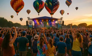 Crowd at outdoor concert with hot air balloons in the sky at sunset.