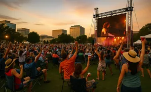 Crowd at an outdoor concert with a large screen showing a performer, as the sun sets.
