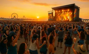 Crowd at a beach concert at sunset, with a Ferris wheel in the distance.
