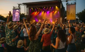 Crowd with hands in the air at a music festival, watching a performance on a brightly lit stage at dusk.