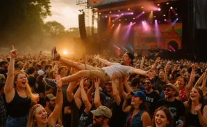 Man crowd-surfing at a music festival, arms outstretched, as the crowd cheers under stage lights and sunset.