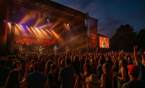 A band performs at the Shadow Ridge Music Festival at dusk, with a large crowd watching and raising their hands.