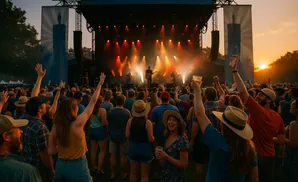 Crowd cheering at an outdoor concert at sunset, with stage lights illuminating the performers.