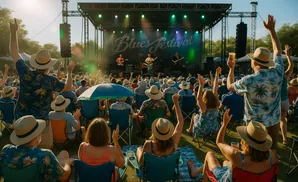 Crowd with arms raised enjoying a blues festival performance on a sunny day.