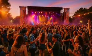 Crowd of people at an outdoor concert at dusk, with a band playing on stage and colorful lights illuminating the scene.