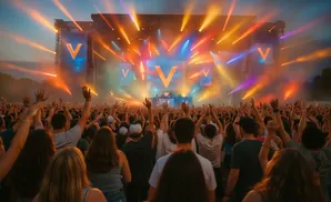 A concert crowd cheers with hands raised as vibrant lights flash from a stage with a large 