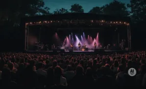 A band performs on a stage lit by pink spotlights to a large audience at dusk.