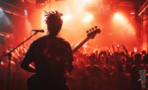 a rear view photo of animals as leaders performing a concert on stage to a lively audience
