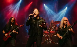 A male singer in a black leather jacket performs on stage with two guitarists and a drummer.