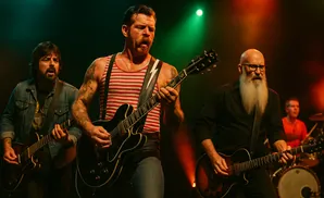 A rock band performs on stage, with three guitarists and a drummer.