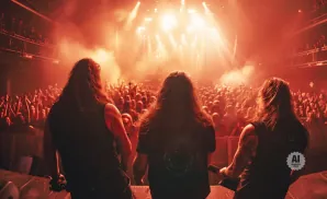 Three long-haired band members on stage facing a cheering crowd under red stage lights.