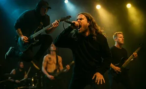 A heavy metal band performs on stage with dramatic lighting. The lead singer is front and center, singing into a microphone.