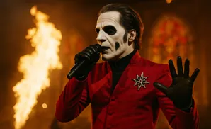 Singer in red suit and skull makeup on stage with flames.