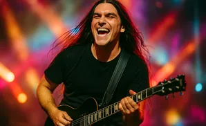 A long-haired man in a black t-shirt plays a black electric guitar on a brightly lit stage.