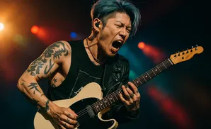 A guitarist with blue hair belts out a song while playing a light-colored electric guitar on stage.