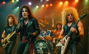 Alice Cooper and band perform on stage with a drummer in the background.