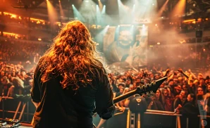 a rear view photo of opeth performing a concert on stage to a lively audience