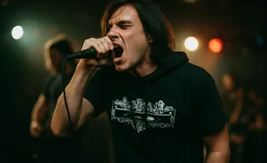 A man singing into a microphone at a concert.