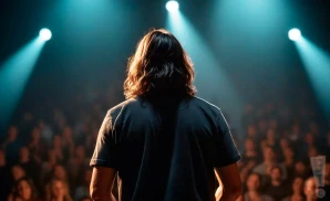 a rear view photograph of walter schreifels from the band quicksand performing on stage in front of a large audience