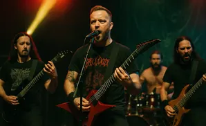 A band performs on stage, with three men playing guitars and a drummer in the background.