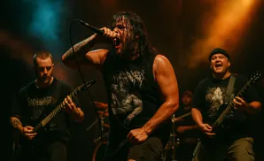 A male singer performs with a microphone, while two men play guitars on stage.