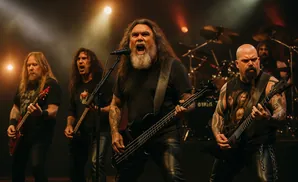 Heavy metal band Slayer performs live, with the lead singer roaring into a microphone while playing bass.
