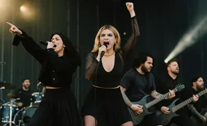 Female singers on stage with guitars and drums.