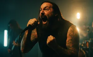 A man with long hair and tattoos sings intensely into a microphone on a dimly lit stage.