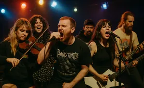 A band performs on stage, with a violinist, two singers, and two guitarists.