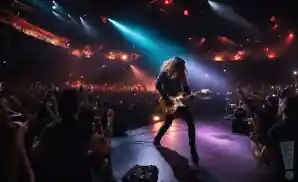 a rear view picture of the heavy metal band the hu - band performing on stage to a large audience 