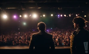 Two people on stage facing a large audience under stage lights.