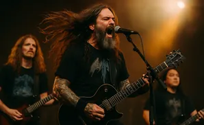 A band plays on stage with the lead singer in focus, hair flying as he sings into a microphone.