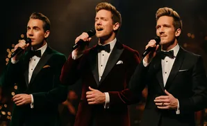 Three men in tuxedos sing into microphones on a stage with warm lights.