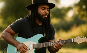 A man with dreadlocks and a black hat plays a turquoise electric guitar in front of a blurred green background.