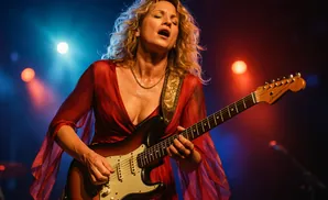 A female guitarist in a red dress plays an electric guitar on a dimly lit stage with blue and red lights.