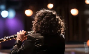 a rear view photo of anat cohen performing a concert on stage to a lively audience