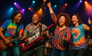 A diverse band performs on stage with colorful lighting, smiling and enjoying the music.