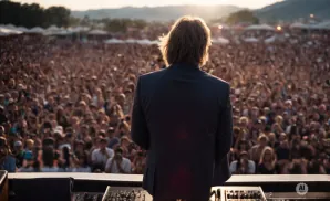 Man in a suit on stage facing a large, cheering crowd at an outdoor concert.