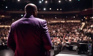 Man in purple suit on stage facing a large audience in a dimly lit auditorium.