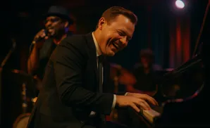 A man in a suit joyfully plays the piano in a dimly lit club.